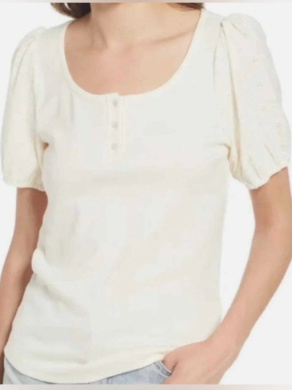 Madewell Eyelet Sleeve Henley Tee Medium White Mixed Media Puff Sleeve Top